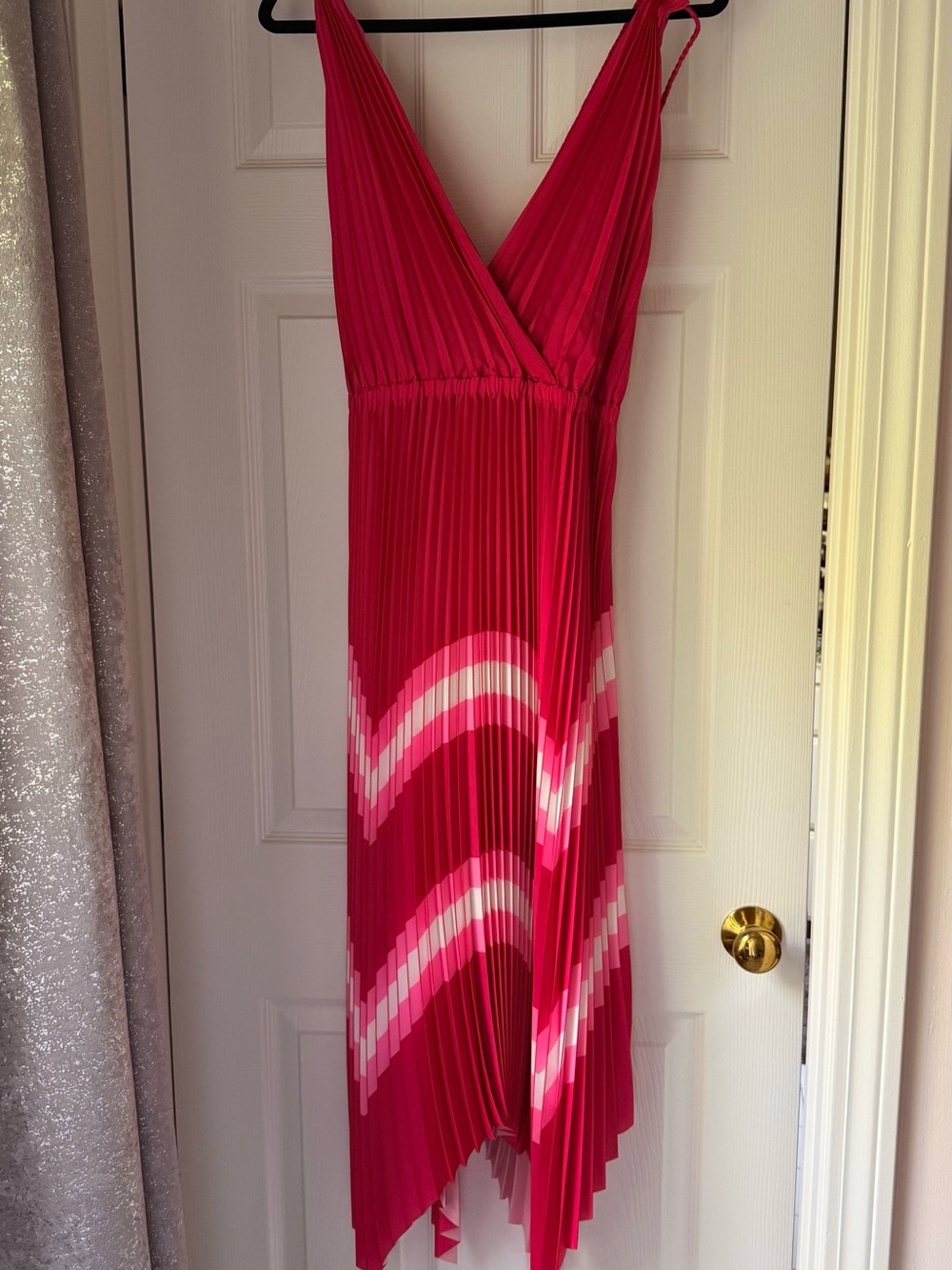 Ramy Brook Fuchsia and White Pleated Asymmetrical Maxi Dress New with tag